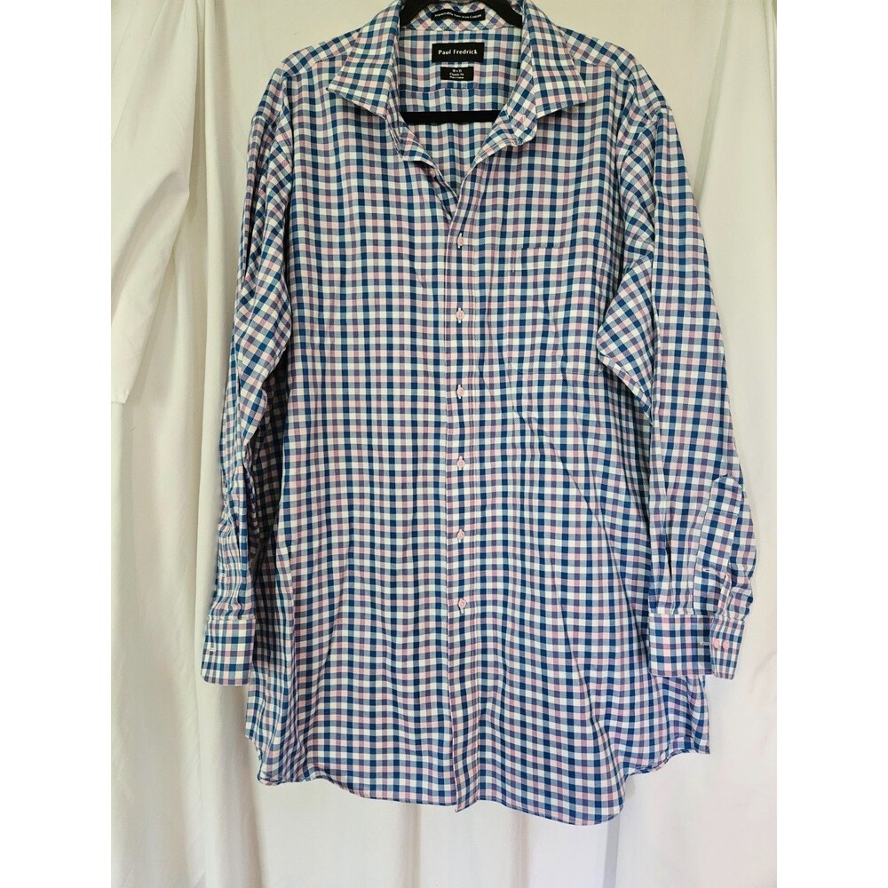 Paul Fredrick Classic Fit Non-Iron L/S Blue/Pink Checked Shirt Size 18/35